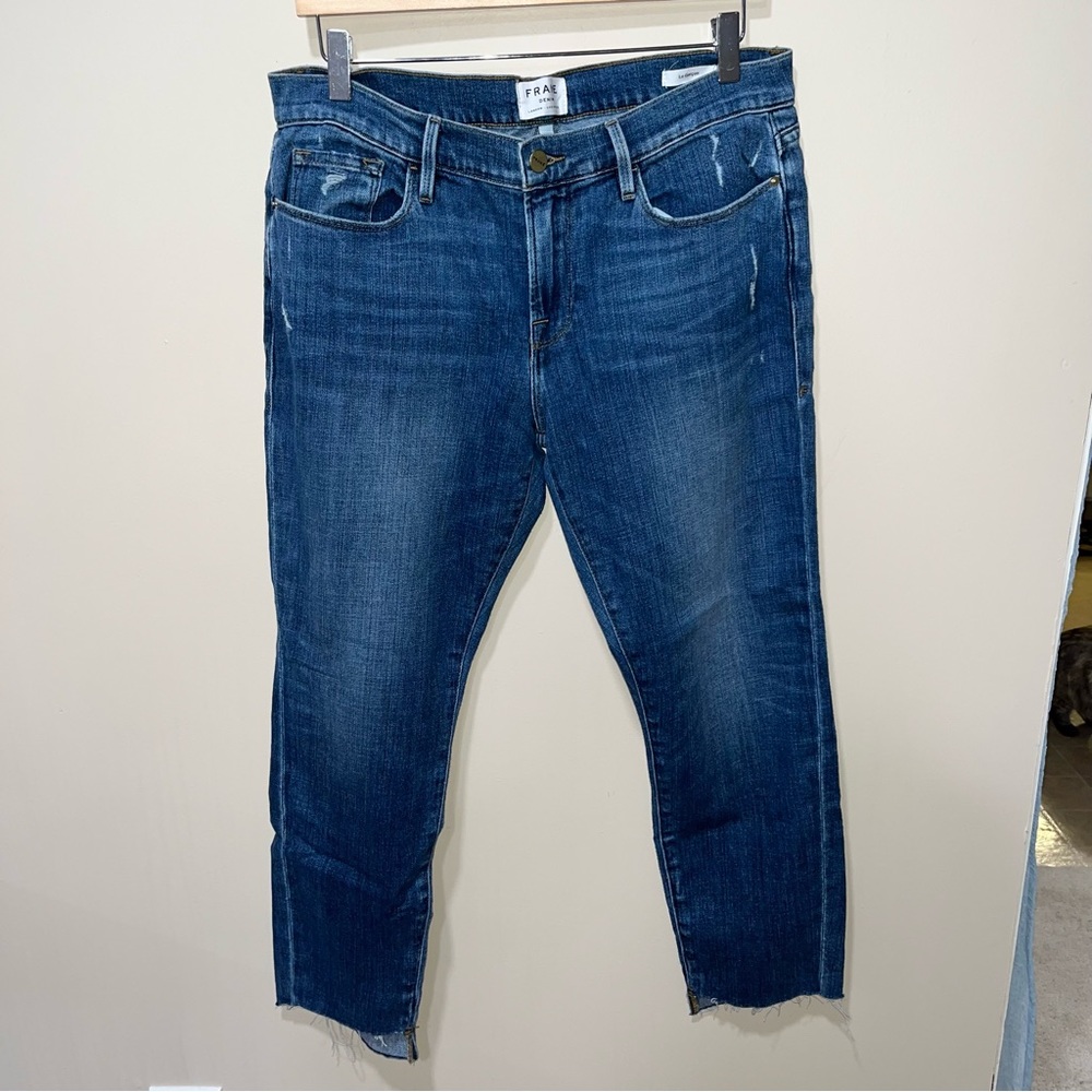 Frame Denim Raw Hem Cropped Dark Blue Jeans